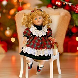 Christmas Sitting Doll 15 inches porcelain,  blonde hair